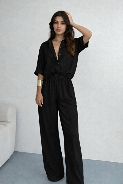 ÇEÇİM Γυναικείο πουκάμισο με γιακά και λινό παντελόνι NSA-58062