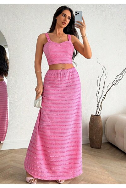 moda paketi Strappy Crop Blouse & High Waist Long Skirt Pink Set