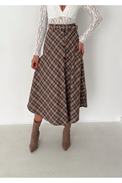 aselon Women's Belted Plaid Long Flared Skirt with Full Button Closure