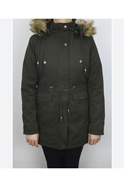 MG trend shop Kadın Gabardin Kapşonlu İçi Kürklü Uzun Mont