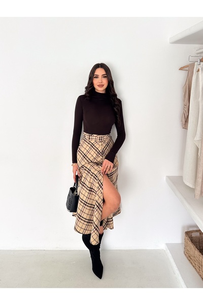 aselon Women's Belted Plaid Long Flared Skirt with Full Button Closure