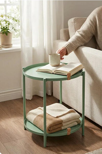 hemlife Çift Tepsili Katlanır Orta Yan Yuvarlak Sehpa Metal Ayak - Modern Seh...