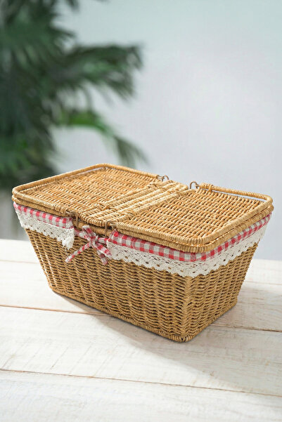 Digithome Kapaklı Rattan Vintage Dantelli Dikdörtgen Piknik Sepeti -9T14 U/6