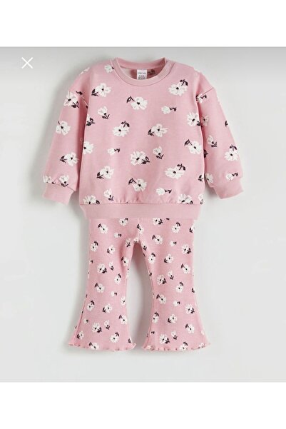 LC Waikiki LCW Pembe Bisiklet Yaka Çiçekli Kız Bebek Sweatshirt ve Tayt 2li