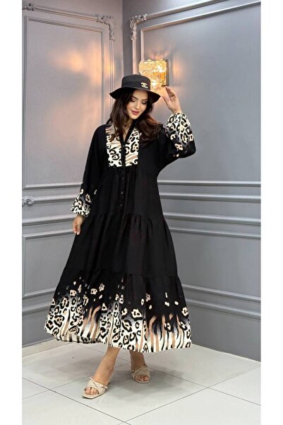 Cannes Yana Leopard Pattern Detailed Long Dress Black Dress
