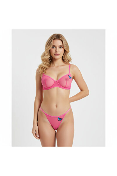 BONBON Kadın Kelebek Figürlü Tül Transparan Balenli Narçiçeği Renk Sütyen ve ...