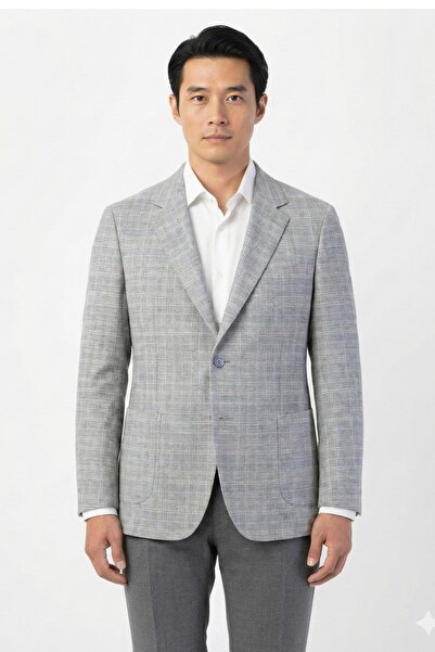 Sabri Özel Vizon Regular Fit Mono Yaka Ekose Desenli Ceket
