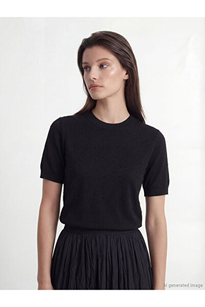 LC Waikiki Pulover negru pentru femei, cu gât rotund, cu strasuri