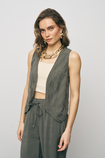 Orfeo Negro Women's Handcrafted Bead Embroidered Modal Crop Vest