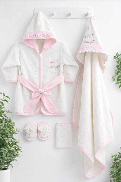 moukou Sevimli Çiçek Nakışlı Bebek Bornoz Seti Kutulu %100 Pamuk – 4’lü