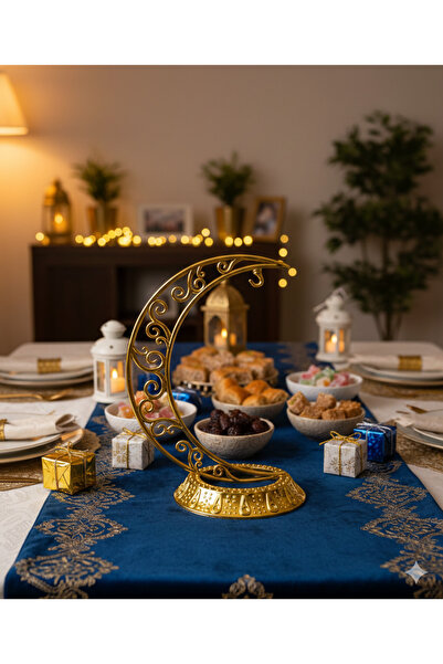 DODOMAR 28 cm Ramazan Dekoratif Masa Üstü Hilal Gold Altın Plastik Tabanlı Süs