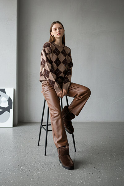 LAbute Bisiklet Yaka Oxford Baklava Desen Oversize Triko