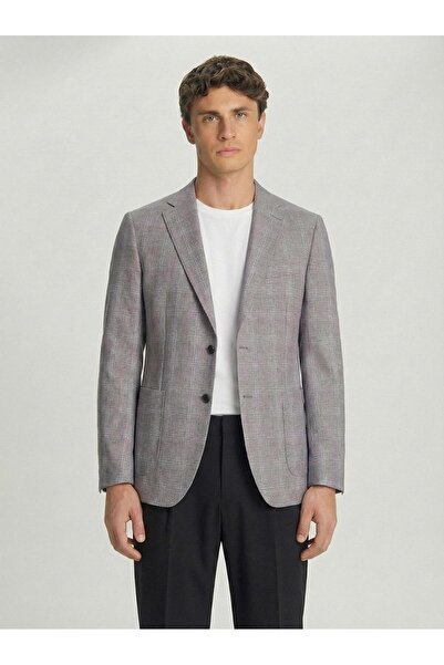Sabri Özel Gri Slim Fit Pamuklu Mono Yaka Kareli Casual Ceket