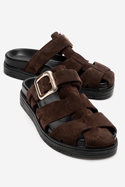 Zeynep Sıradağlı Γυναικείες παντόφλες Jilda από γνήσιο δέρμα καφέ σουέντ