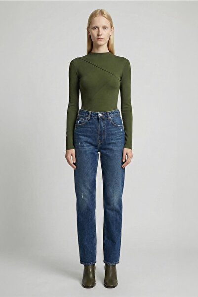 Rays 8238A Crew Neck Front Ruffled Blouse Khaki