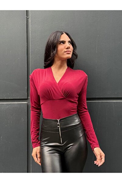 QUTTA Γυναικεία μπλούζα μπορντό με διπλό στριφωμένο γιακά και επένδυση