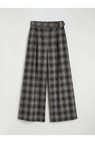 LC Waikiki Siyah Beli Kemerli Ekose Geniş Paça Kadın Pantolon