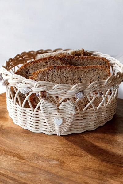 MaviMarinUrla El Yapımı Rattan Bambu Hasır Ekmek Sepeti Kalp Detaylı ve Deniz...