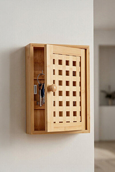 Digithome Bambu Kapaklı Dekoratif Duvar Rafı Anahtarlık Askısı - 7B53