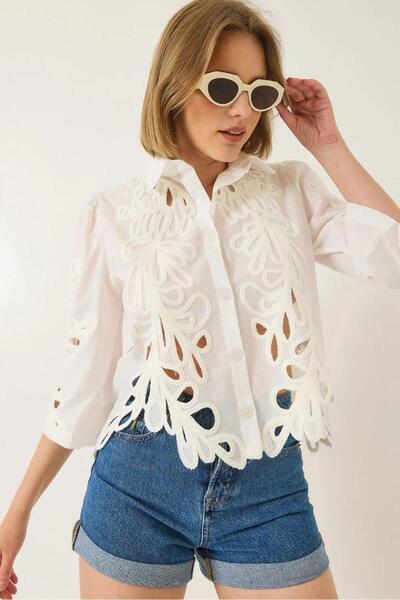 Septemmart Leaf Embroidery Openwork Embroidery 100% Cotton Women's Shirt