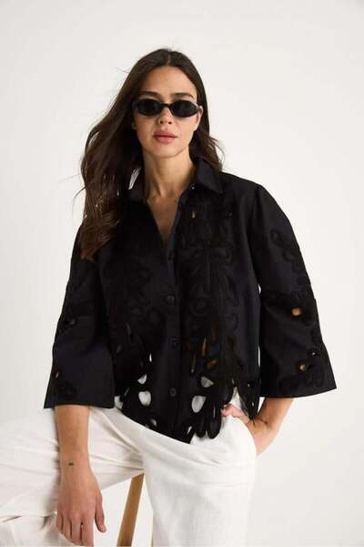 Septemmart Leaf Embroidery Openwork Embroidery 100% Cotton Women's Shirt