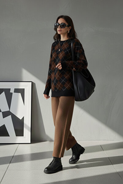 LAbute Bisiklet Yaka Oxford Baklava Desen Oversize Triko