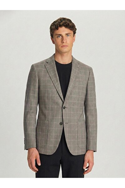 Sabri Özel Kahve Regular Fit Pamuklu Mono Yaka Ekose Desenli Ceket