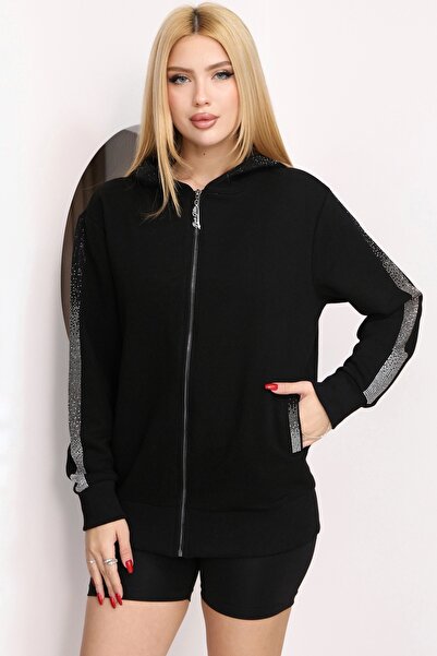 RICH GLAM Crystal Rhinestone Hooded Zip-Up 3-Thread Cotton Black Stylish Plus...