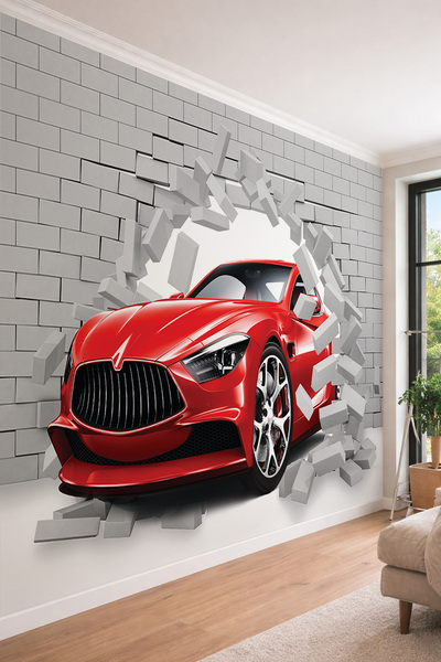 dreamwall 3D Spor Araba - Duvar Kırma Efektli Tek Parça Tekstil Duvar Kağıdı