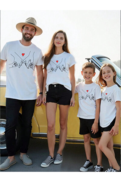 CONSTRAİN Aile Kombini Kalp Baskılı Anne Baba Çocuk Tişört Seti Beyaz Unisex