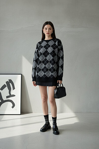 LAbute Bisiklet Yaka Oxford Baklava Desen Oversize Triko