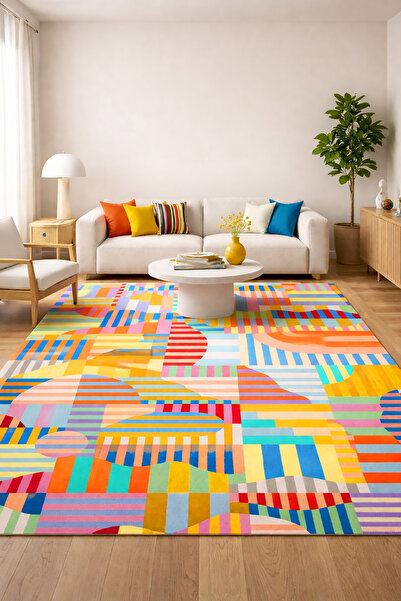 Decomia Home Dijital Kaymaz Yıkanabilir Renkli Etnik Desenli Retro Salon Halı...