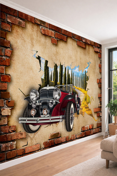 dreamwall 3D Klasik Araba ve Doğa Manzarası - Tuğla Duvar Efektli Tek Parça T...
