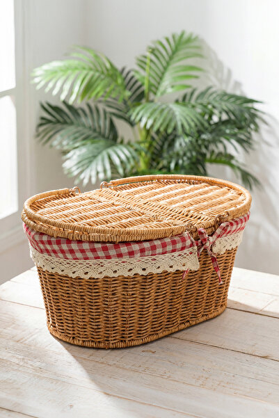Digithome Kapaklı Rattan Vintage Dantelli Oval Piknik Sepeti -9T13 U/5