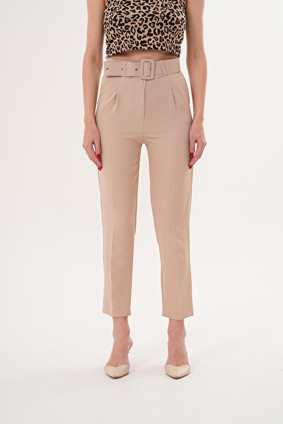 THE WOOW Women's Fabric Belted High Waist Pleated Carrot Cut Beige Trousers