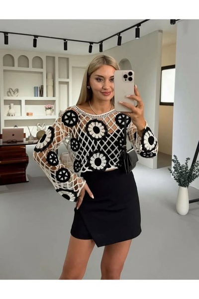 Sosyete Kaplumbağa Openwork Knit Detailed Modern Long-Sleeved Blouse with Geo...