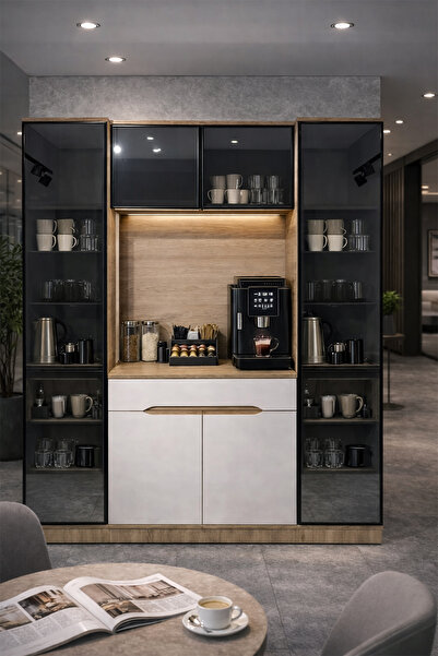 Eymense Modi Kahve Köşesi Mutfak Dolabı Camlı Çok Amaçlı Dolap Ledli Raflı 3 ...