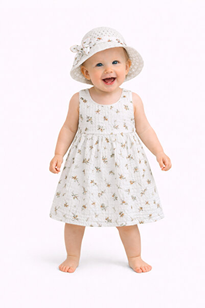 Chicsy Baby Tatlı Kız Bebek Çiçek Desenli Askılı Elbise ve Şapka Takımı Yazlı...