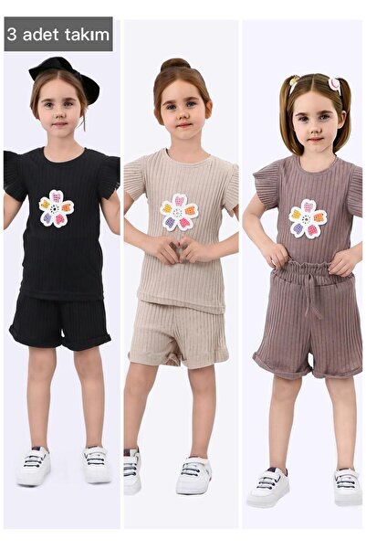 Kamex Fitili Daisy Embroidered 3-Piece Girls' Summer Short Sleeve Shorts Set