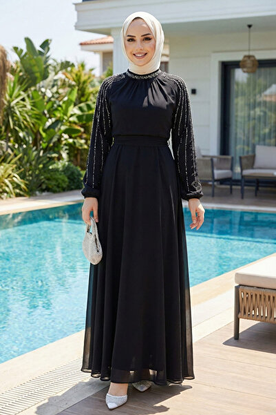 Hb Harma Time Butik Women's Stone Embellished Lined Black Chiffon Hijab Dress