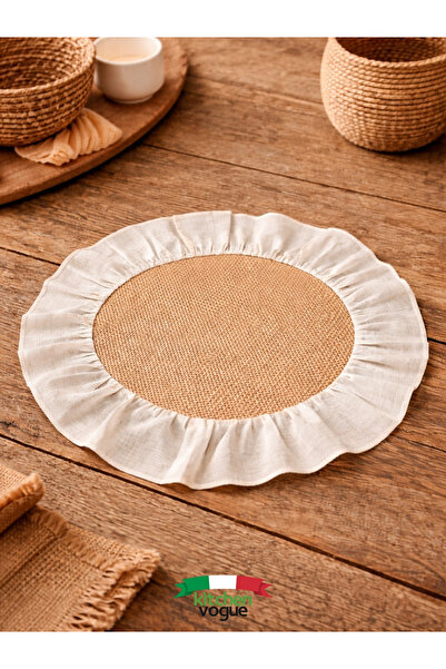 Kitchen Vogue Bohem Yuvarlak Hasır Supla | Doğal Keten Fırfır Kenarlı Jüt Ame...