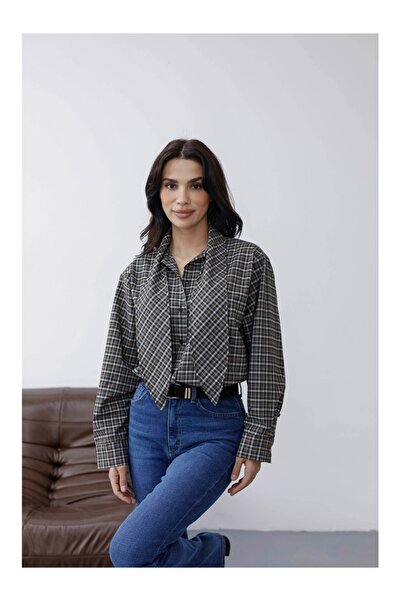 Elif Özbey Butik Vizon Fular Detaylı Ekose Gömlek