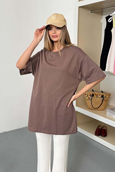 GİYSA Women's Crew Neck Oversize 100% Cotton Basic T-Shirt Light Brown - 26Y ...
