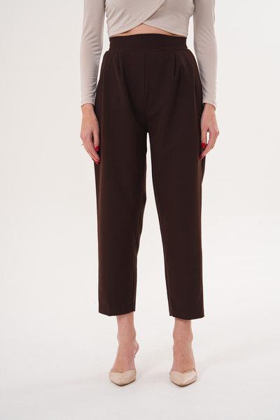 THE WOOW Women's High Waist Pleated Carrot Cut Brown Trousers