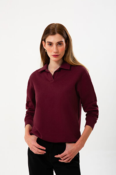UNIQVIBE Polo Collar Organic Cotton Burgundy Women's Sweatshirt