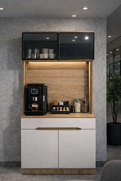 Eymense Modi Kahve Köşesi Mutfak Dolabı Camlı Çok Amaçlı Dolap Ledli Raflı 1 ...