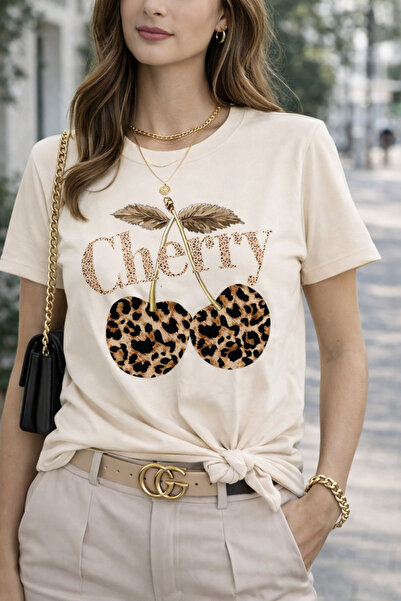 CONSTRAİN Γυναικείο μπλουζάκι με στάμπα κεράσι και λεοπάρ, με στρογγυλή λαιμό...