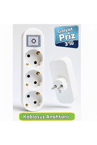 BarkoFix BEYAZ 3'lü Grup Priz Golyat Anahtarlı Düğmeli Fiş Priz Topraklı Çokl...