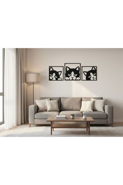ArnaBella Set de 3 tablouri de perete din lemn negru cu pisici, tăiate cu laser