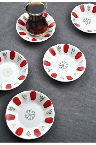 Qualitev 6 Pieces Porcelain Acem Tea Plate Classic Model Red Tea Plate 10 cm
